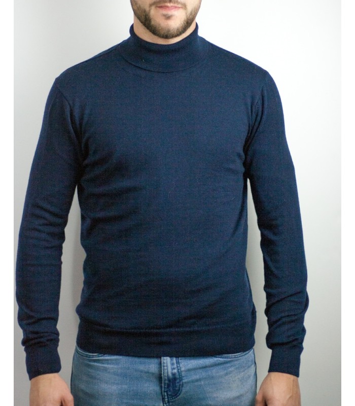 TURTLE NECK SWEATER 100% EXTRAFINE WOOL NAVY BLUE