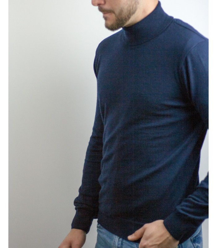 TURTLE NECK SWEATER 100% EXTRAFINE WOOL NAVY BLUE