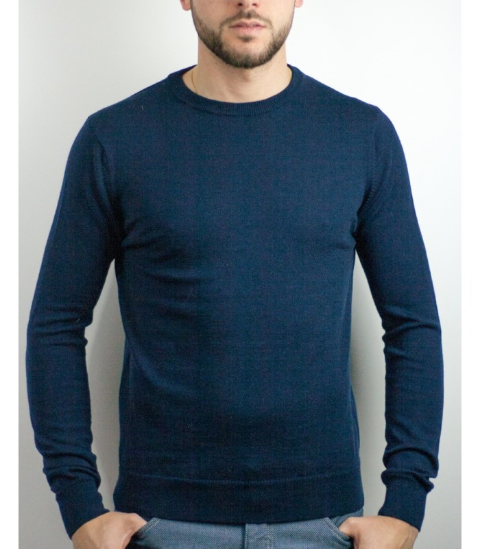 ROUND NECK SWEATER 100% EXTRAFINE WOOL NAVY BLUE