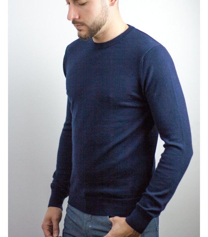 ROUND NECK SWEATER 100% EXTRAFINE WOOL NAVY BLUE