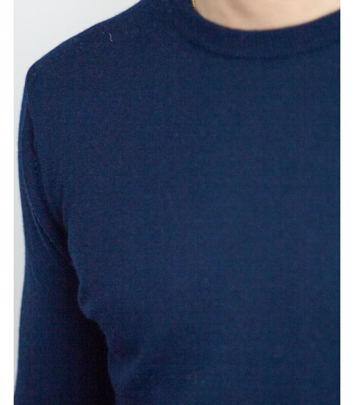 ROUND NECK SWEATER 100% EXTRAFINE WOOL NAVY BLUE