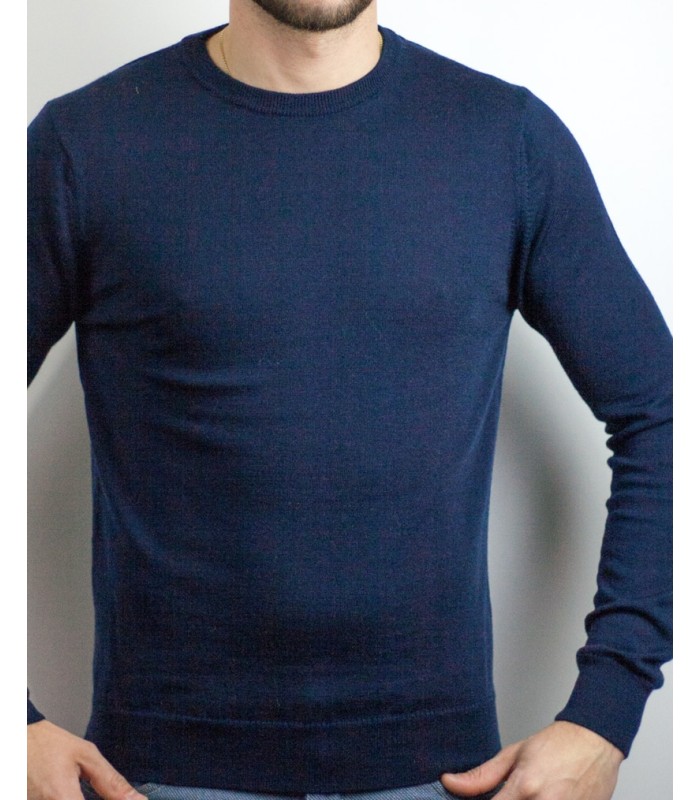 ROUND NECK SWEATER 100% EXTRAFINE WOOL NAVY BLUE